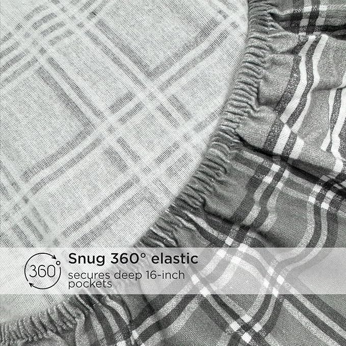 Briarwood Home® Printed Flannel Sheet Set, 100% Natural Cotton, Soft, Warm & Deep Pocket, Advanced Nano-Tech Making it Resistance to Pilling; Brushed 6 Times for Softness (Grey Plaid, Queen)