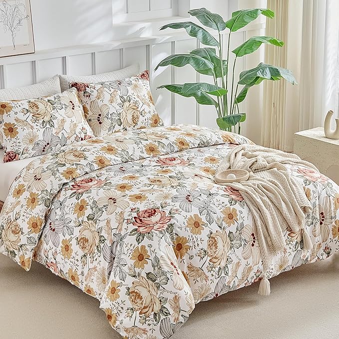 Lekesky King Duvet Cover Set, Reversible Vintage Flowers Print Comforter Cover King Size 3pc, Soft 100% Washed Microfiber Breathable Bedding Sets with Zipper Ties and 2 Pillowcases