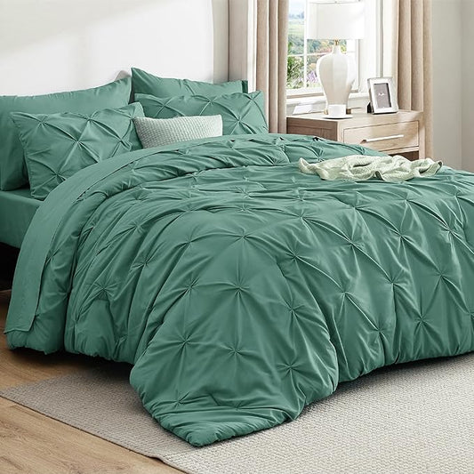 Bedsure King Size Comforter Set Graysih Green - Bed in a Bag Bedding Set 7 Pieces, GentleSoft™ Pintuck Bed Set Gift for Family, Pinch Pleat Graysih Green Comforter with Sheets, Pillowcases & Shams