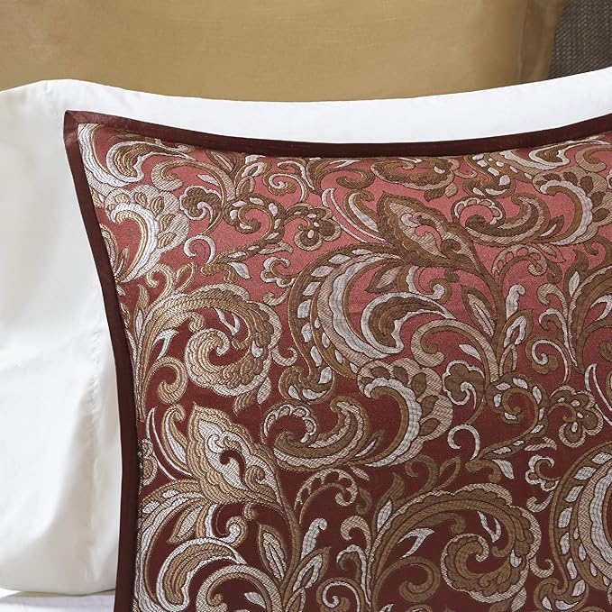 Madison Park Essentials Brystol 24 Piece Room in a Bag Faux Silk Comforter Jacquard Paisley Design Matching Curtains Down Alternative All Season Bedding-Set, Cal King(104"x92"), Red