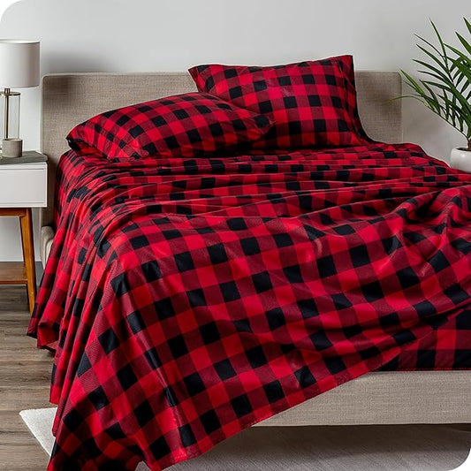 Bare Home King Sheet Set - Luxury 1800 Ultra-Soft Microfiber Double Brushed - Deep Pockets - 4 Piece Set - Bedding Sheets & Pillowcases (King, Buffalo Plaid - Red/Black)