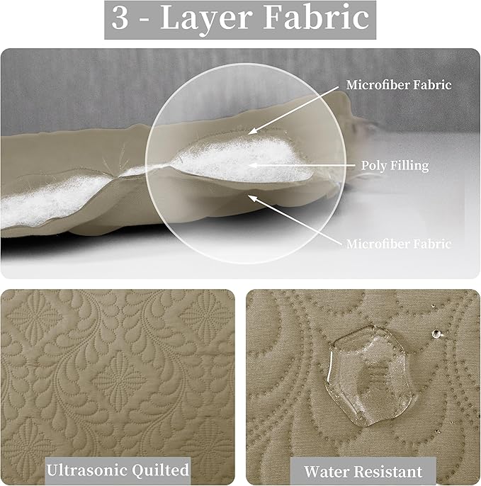 Easy-Going Full/Queen Size Reversible Quilt Set with 1 Quilt and 2 Pillow Shams, Soft Bed Quilt Cover, Water Resistant Lightweight Microfiber Bedspread, Stain Resistant, Olive Leaf-Beige/Beige