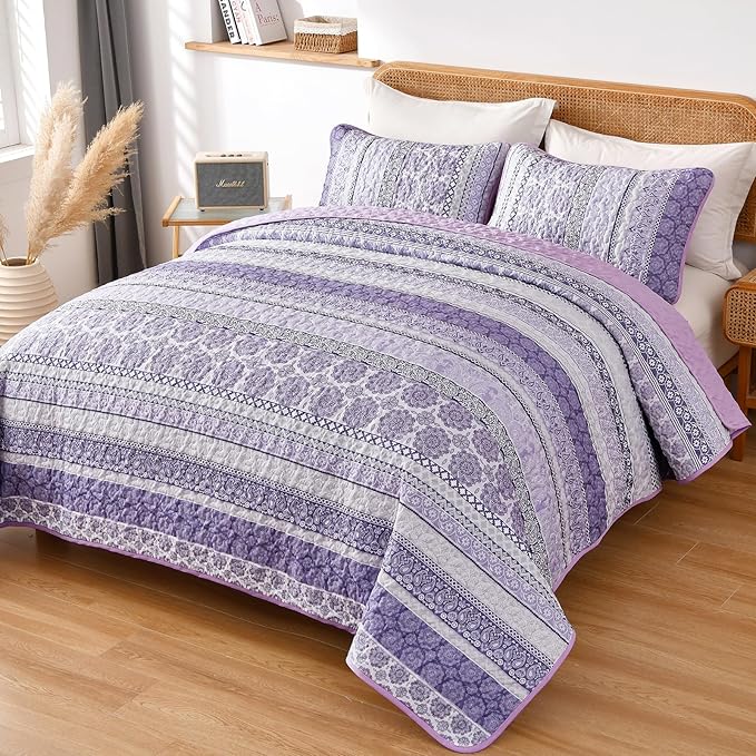WONGS BEDDING Boho Quilt Set Queen Size, Purple Bohemian 3 Pieces Quilt Sets, Lightweight Bedspread Coverlet Bedding Set for All Season (96"x90")