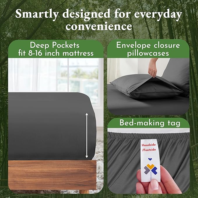 California Design Den Rayon from Bamboo Sheets Cal King, Luxury Cooling Sheets, Grey Sheets for California King Size Bed with Deep Pocket Fitted Sheet (Cal King, Grey)