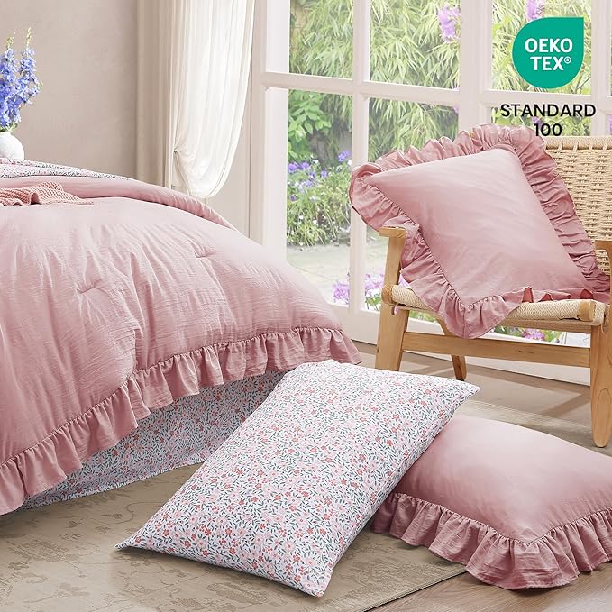 Queen Comforter Set - 7 Pieces Ruffle Soft Pink Bedding Sets, Shabby Chic Farmhouse Bed in a Bag Queen with Ruffle Comforter, Floral Sheets, Pillowcases & Shams