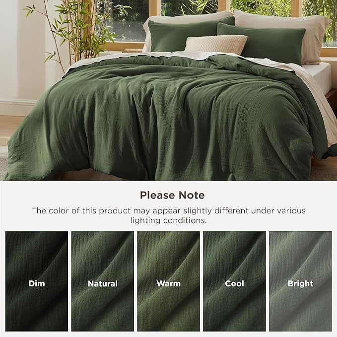Bedsure Muslin Duvet Cover Queen Size - Cotton Blend Rayon Derived from Bamboo, Cooling Duvet Covet for Hot Sleepers - Ultra-Soft & Breathable Bedding Set for All Seasons(Olive Green, 90"x90")