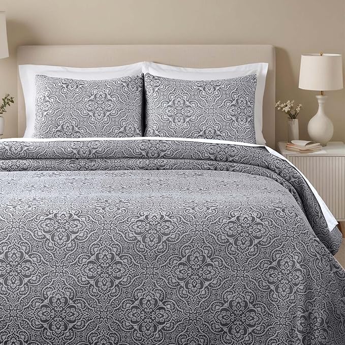 Superior 3 Piece Bedspread Set, Home Bed Decor, Decorative Bed Spread, 2 Pillow Shams, Medium Weight Blanket, Floral Matelasse Coverlet, Bedding Essentials, Enzy Collection, King, Charcoal