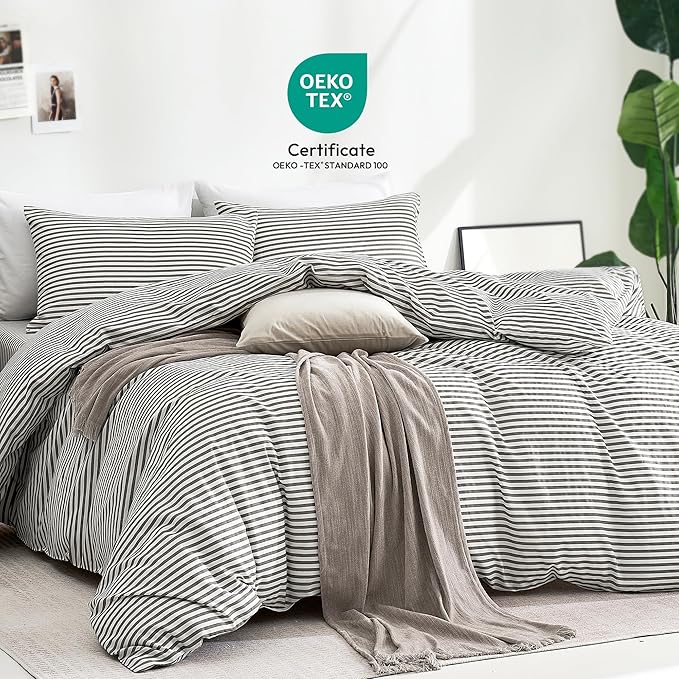 JELLYMONI 100% Natural Cotton 3pcs Striped Duvet Cover Sets,White with Grey Stripes Pattern Printed Comforter Cover,with Zipper Closure & Corner Ties(King Size)