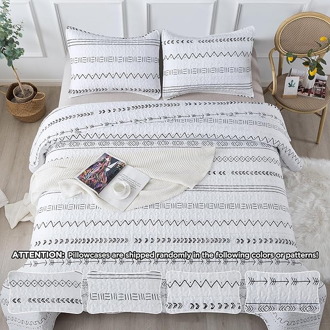 Andency White California King Quilt Set, 3 Pieces Boho Lightweight Soft Striped Cal King Bedspread for All Season (112"x104"), Printed Bohemian Microfiber Reversible Coverlet Comforter Sets