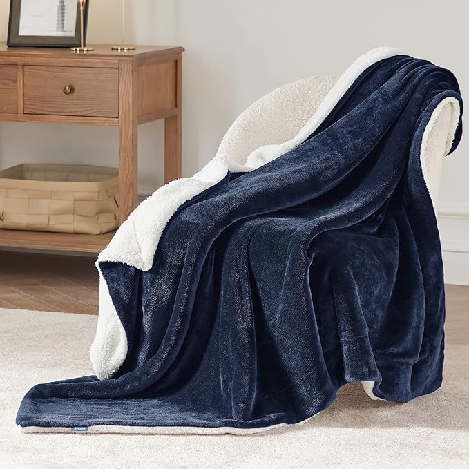 Bedsure GentleSoft Sherpa Fleece Twin Size Blanket for Couch, Non-Heated, Thick and Warm Throw for Women and Men, Soft Fuzzy Plush Twin Blanket for Winter, Navy, 60x80 Inches