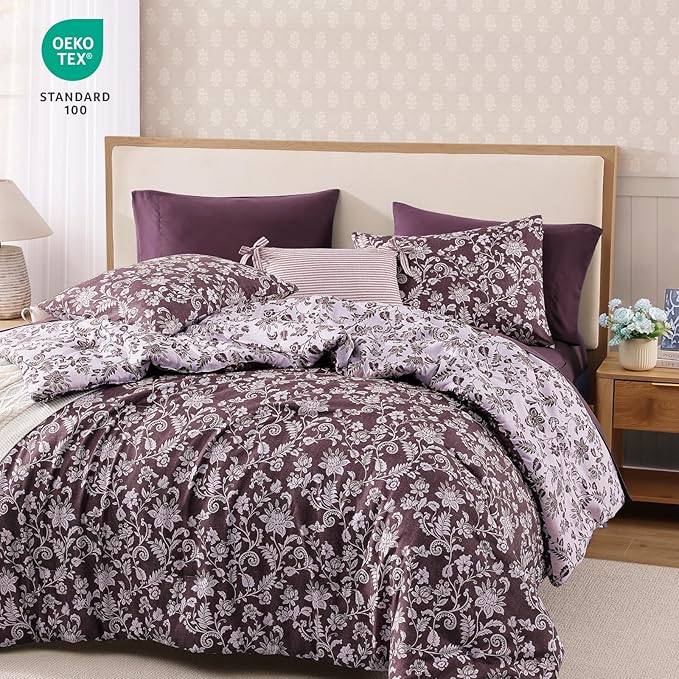 Queen Comforter Set -7 Pieces Floral Dark Purple Comforter Set for All Seasons, Bed in a Bag Queen with Botanical Flowers Comforter, Sheets, Pillowcases & Shams