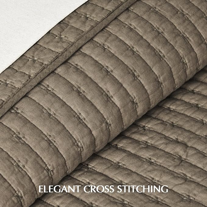 EVERGRACE Cross Stitch Pre-Washed Cotton Quilt Bedding Set Queen Size, Oversized 3 Pieces Lightweight Bedspread Coverlet for All Season, with 2 Matching Shams, Mocha Brown, 92"x96"