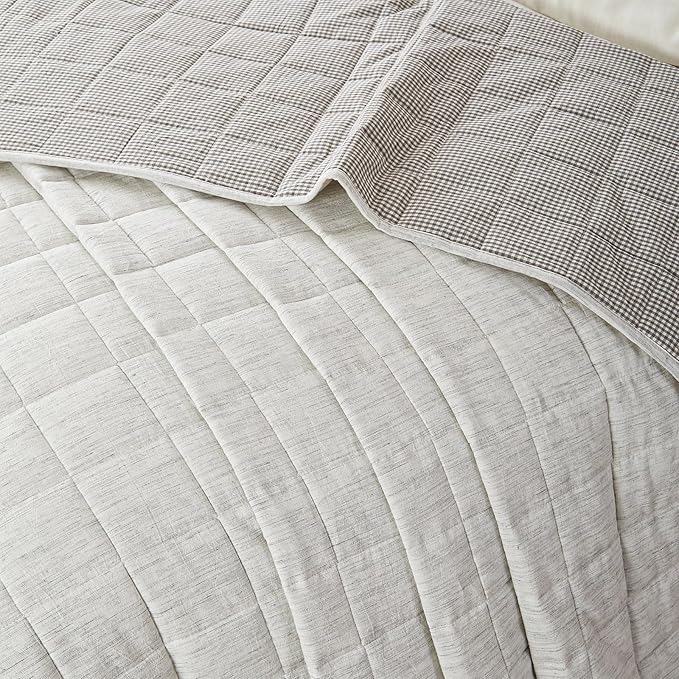 White Quilt King Size， Cotton Linen King Size Quilt Set，3-Pieces Bed Spreads with Grey Plaid Coverlet Lightweight Comforter with 2 Pillow Shams