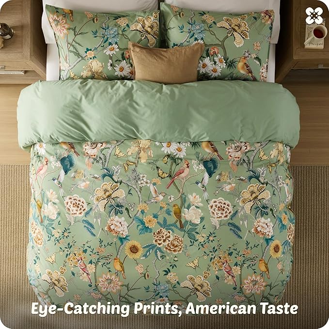 Bedsure 100% Cotton Reversible Floral Duvet Cover King Size - Flowers and Birds Pattern Printed Comforter Cover with Zipper Closure & 2 Pillow Shams, Comforter Sold Separately (Green Garden, 104"x90")