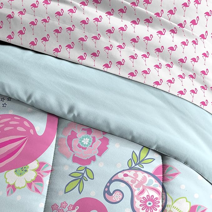 dream FACTORY Kids 7-Piece Complete Set Easy-Wash Super Soft Microfiber Comforter Bedding, Full, Pink Flamingo