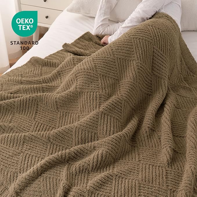 Battilo Khaki Diamond Knit Throw Blanket for Couch and Bed, Soft Textured Chenille Blanket, Cozy Lightweight Decorative Blanket for Sofa, 50"x60"