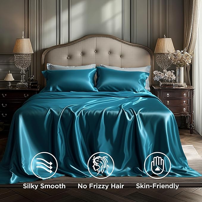 Bedsure Satin Sheets King Size - 4 Piece Silky Bedsheets with 15 Inches Deep Pocket Fitted Bedsheet,1 Flat Sheet, 2 Satin Pillowcases, Good for Hair & Skin (King, Teal)