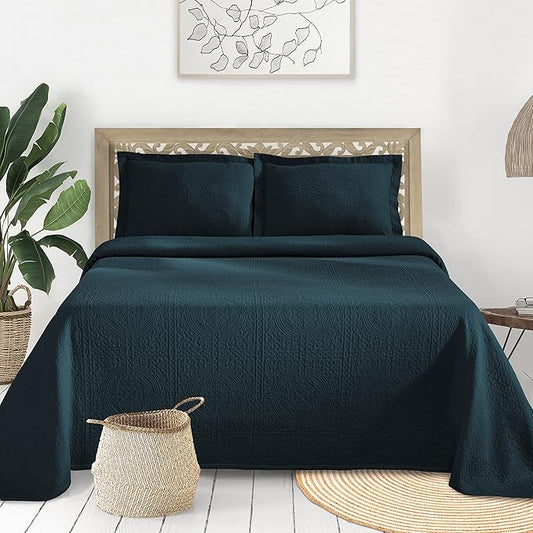 Superior Cotton Fleur De Lis Bedspread Set, Warm Blankets, All-Season Bedding, Bedroom Decor, Decorative Boho Medallion Coverlet, Includes 1 Bedspread, 2 Pillow Shams, Full, Deep Sea