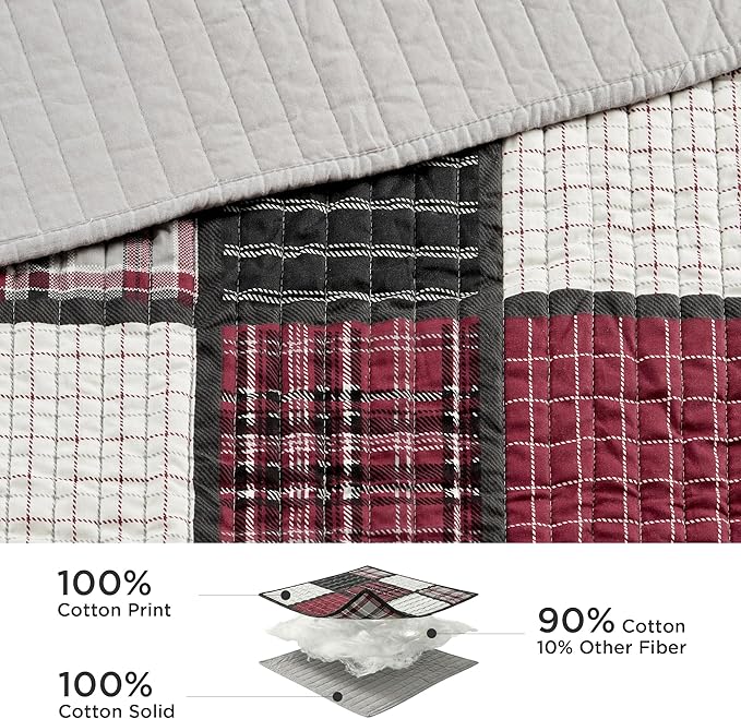 Woolrich Reversible Quilt Cabin Lifestyle Design - All Season, Breathable Coverlet Bedspread Bedding Set, Matching Shams, Oversized King/Cal King, Tulsa Plaid Red/Grey 3 Piece