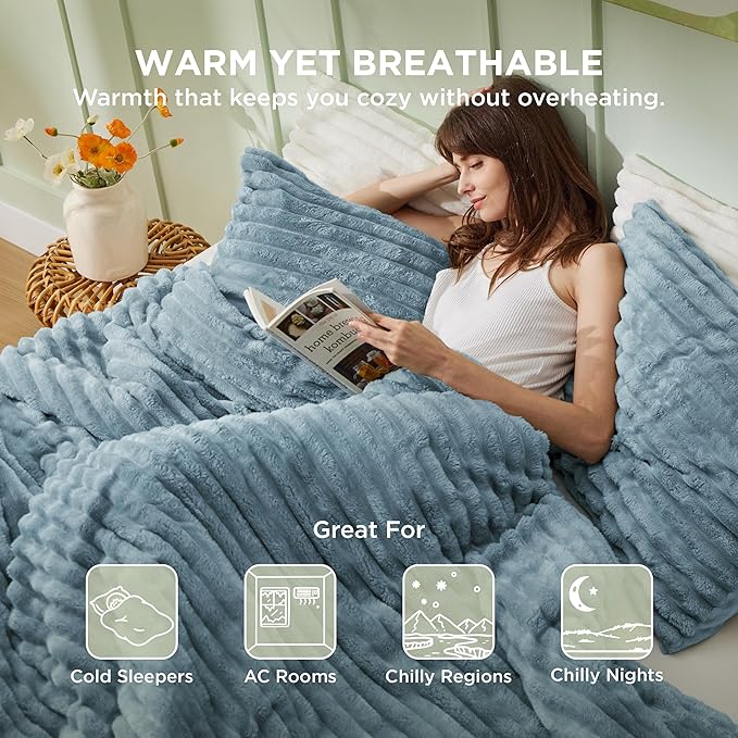 Bedsure Comforter Full Size - GentleSoft™ 3 Pieces Fluffy Double-Side Fleece Comforter Set, Cozy Striped Room Decor Aesthetic, Luxury Mineral Blue Full Size Bedding with 2 Pillowcases, 82x86 Inches