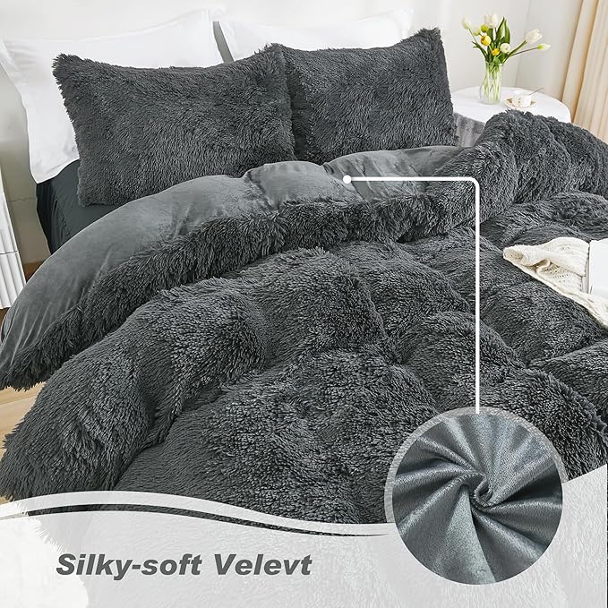 annadaif Plush Shaggy Duvet Cover, Dark Gray Fluffy Comforter Cover Set King Size, Fuzzy Faux Fur Bedding Set with Zipper Closure, Luxury Ultra Soft 3 Pieces (1 Duvet Cover, 2 Pillowcases)
