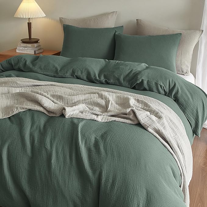 SE SOFTEXLY Muslin Duvet Cover California King Size, 100% Washed Cotton Duvet Cover Set, Ultra Soft Comforter Cover Linen Like, 3 Pieces Gauze Duvet Cover with 2 Pillowcases, 98"x104", Forest Green