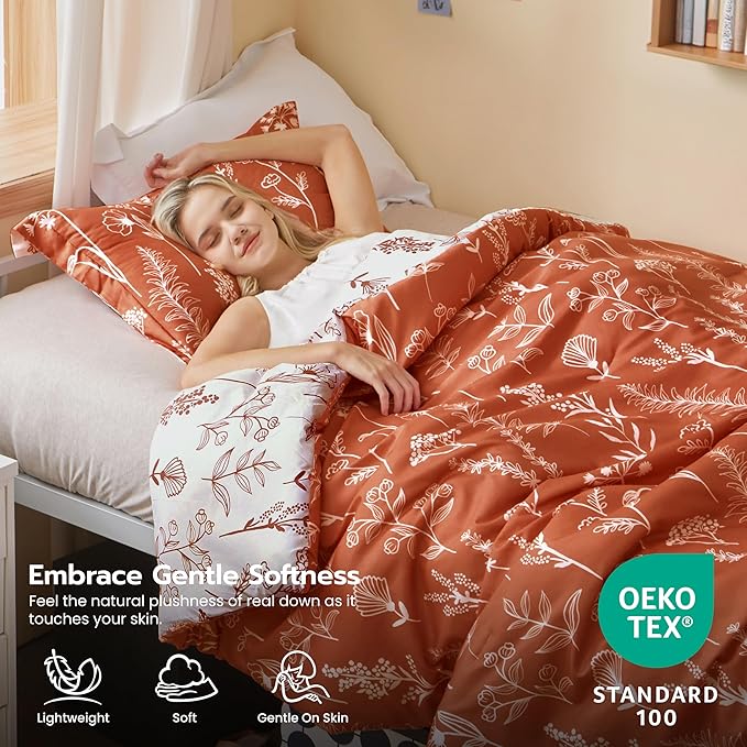 Joiedomi Twin Comforter Set Terracotta, 2 Pieces Floral Twin Bedding Set with 1 Soft Reversible Botanical Comforter and 1 Pillow Sham, Bed in a Bag for All Seasons