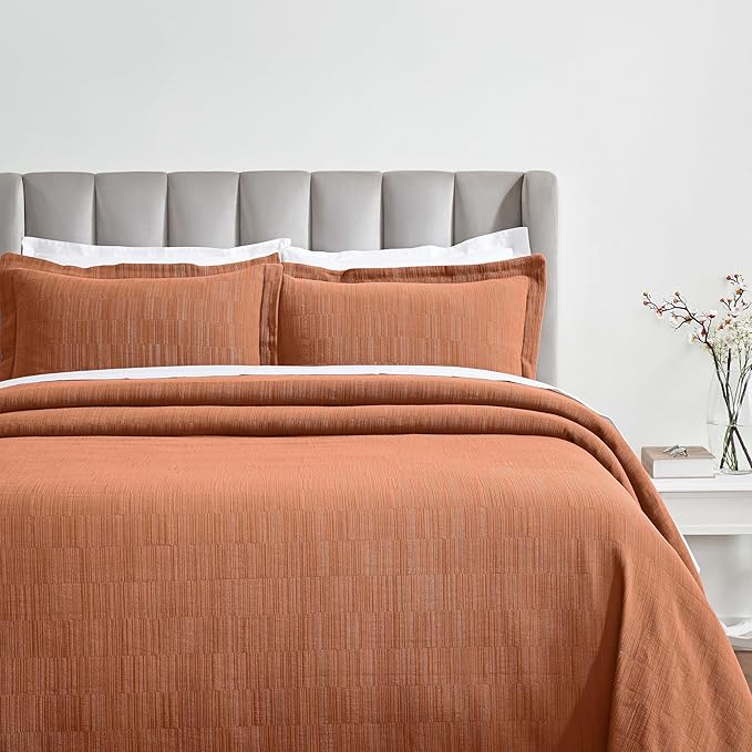 Superior 3 Piece Cotton Bedspread and Sham Set, Home Bed Decor, Decorative Bed Spread, 2 Pillow Shams, Medium Weight, Matelasse Coverlet, Bedding Essentials, Zenith Collection, King, Burnt Orange