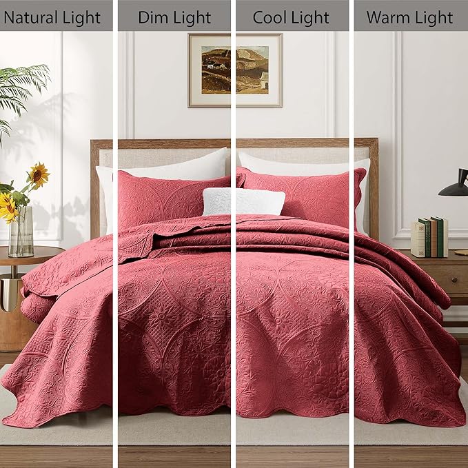 IR Imperial Rooms Queen Quilt Bedding Set Size (90" x 96") + 2 Pillow Shams (20" x 26"+ 2") - 3 Pcs All Season Lightweight Reversible Microfiber Coverlet Floral Embossed Quilt Bedspread (Burgundy)