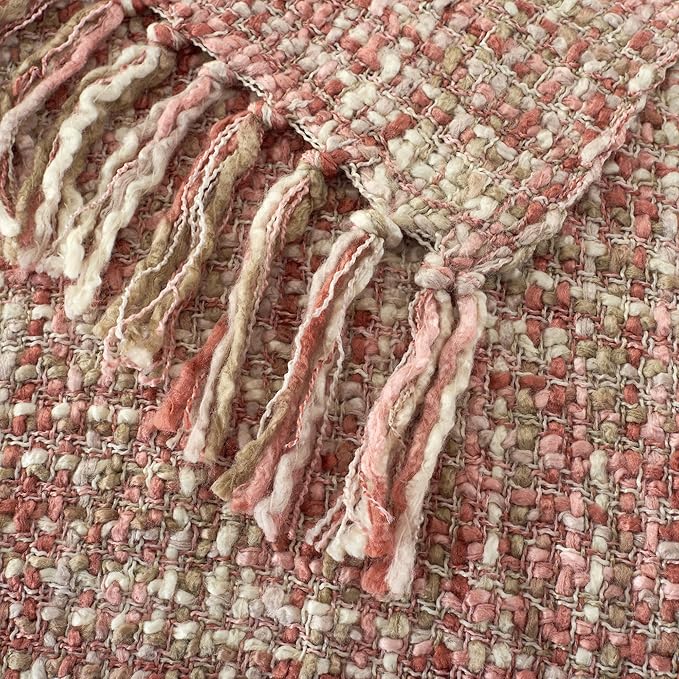 Multi-Color Light Pink Cable Knitted Throw Blanket for Couch,60"X80" Boho Style Textured Blankets for Home Decor,Super Soft Warm Cozy Chunky Knit Blanket with Decorative Tassels for Bed