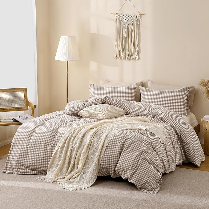 TOCOMOA Tan Gingham Duvet Cover Bedding Set 100% Washed Cotton Like Linen Feel Super Soft Comfy 3 Piece Brown Vintage Plaid Checkered Fall Comforter Cover Set (Queen 90"x90", Comforter Not Included)