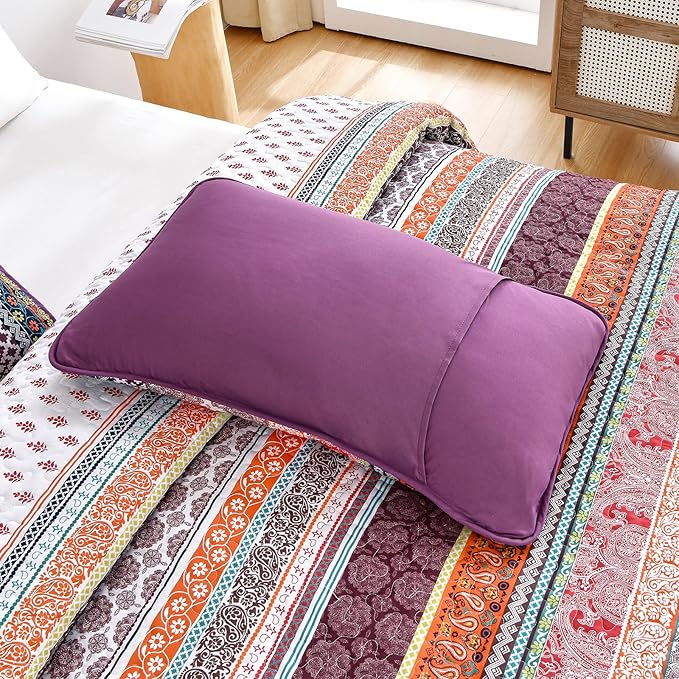 WONGS BEDDING Boho Quilt Set Queen Size, Purple 3 Pieces Bohemian Striped Patchwork Bedspread Coverlet, Lightweight Soft Microfiber Bedding Set for All Season (96"x90")