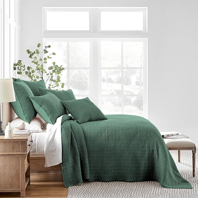Levtex Home Mills Waffle King Bedspread Set (120x104in) with 2 Pillow Shams (36x20in) - Forest Green - Cotton King Size Bedspread Set - Soft, Pre-Washed