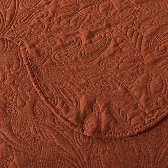 HoneiLife Embroidered Quilt King Size - 3 Piece Microfiber Quilt Sets Lightweight Bedspreads Reversible Coverlets Retro Bed Cover Paisley Pattern Bedding Set All Season Quilts-Rust