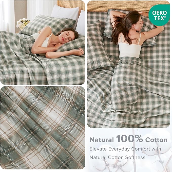 Comfort Spaces 100% Cotton Sheets Full, Breathable, Naturally Cool Cotton Sheets, Soft Cotton Bed Sheets with 14" Elastic Pocket Fits up to 16" Mattress, All Seasons Sheet Set, Wesley Green 4 Piece
