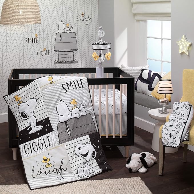 Lambs & Ivy Classic Snoopy 100% Cotton White/Black Fitted Baby Crib Sheet