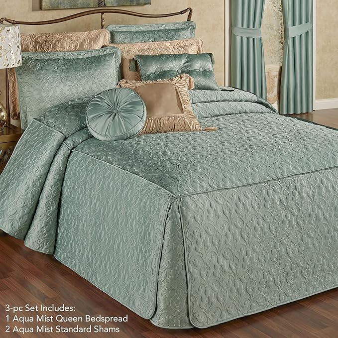 Cambridge Classic Luxury Bedding | Cool Aqua Mist Solid Color Polyester Satin | Elaborate Damask Quilting | Fitted, Oversized 24 Inch Drop | 3 Piece Bed Set Includes Queen Bedspread & 2 Standard Shams