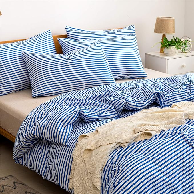 JELLYMONI 100% Natural Cotton 3pcs Striped Duvet Cover Sets,White Duvet Cover with Blue Stripes Pattern Printed Comforter Cover,with Zipper Closure & Corner Ties(Queen Size)