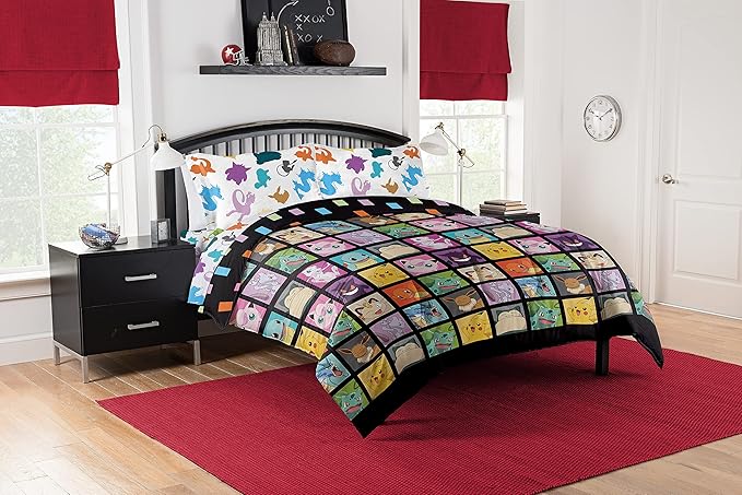Northwest Pokemon Full Sized Bed in a Bag Set, Pikachu Eevee Charmander Squirtle, Anime Bedding for Kids, Kanto Favorites
