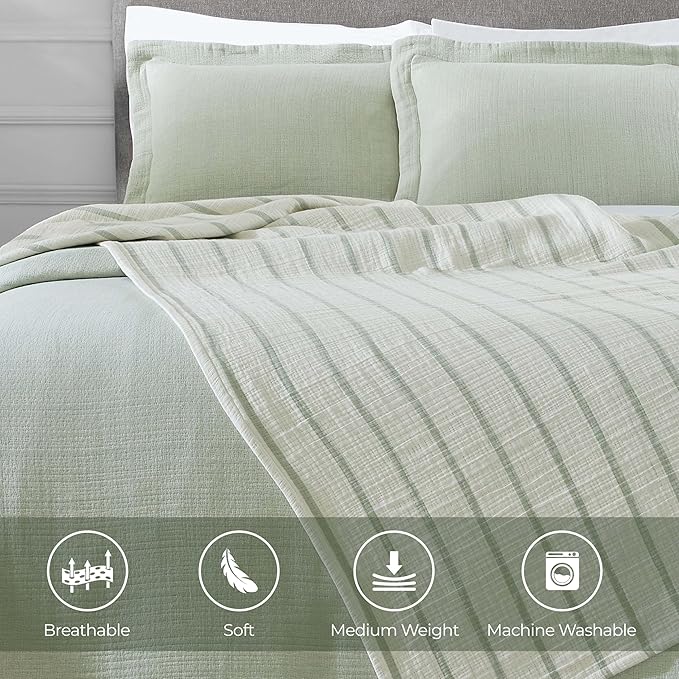 Superior 3 Piece Cotton Reversible Bedspread and Sham Set, Home Bed Decor, Decorative Bed Spread, 2 Pillow Shams, Medium Weight, Matelasse Coverlet Bedding, Valencia Collection, Full Size, Sage