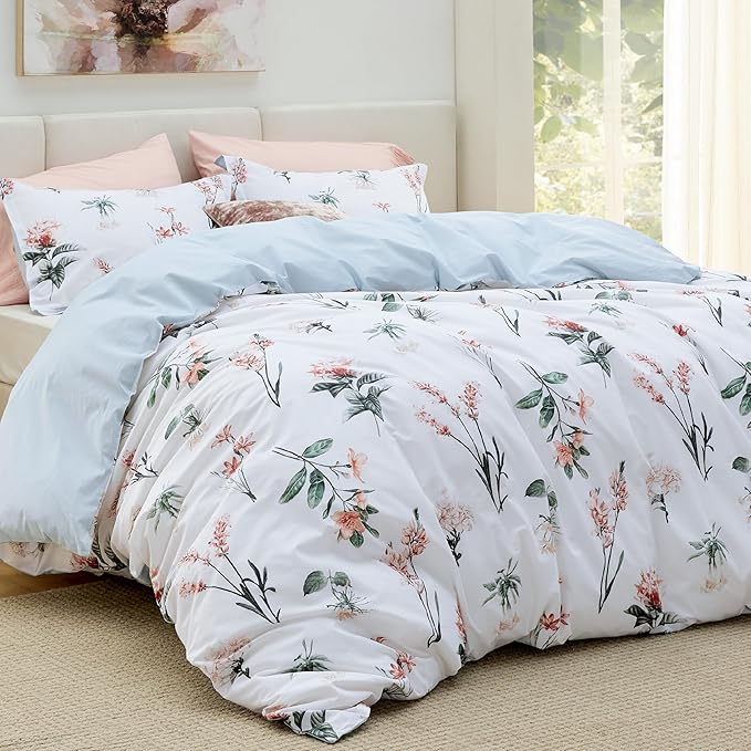 Bedsure Duvet Cover King Size - 100% Cotton Reversible Cute Flower Floral King Duvet Cover Set with Zipper Closure, 3 Pieces Soft & Breathable Blue Bedding Set with 2 Pillow Shams 20"x36"