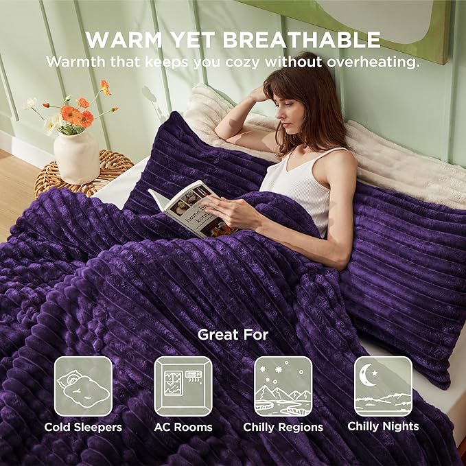 Bedsure Comforter Full Size - GentleSoft™ 3 Pieces Fluffy Double-Side Fleece Comforter Set, Cozy Striped Room Decor Aesthetic, Luxury Purple Full Size Bedding with 2 Pillowcases, 82x86 Inches