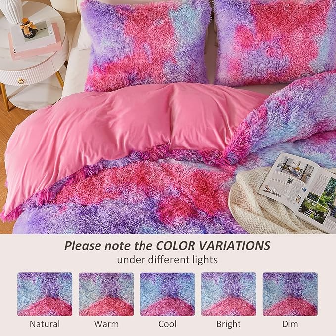 EMME Luxury Fuzzy Duvet Cover Set King Size Fluffy Comforter Cover Set for King Bed 2 Pieces Shaggy and Plush Soft Bedding Duvet Covers (Rainbow Pink Purple, King)
