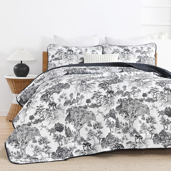 WONGS BEDDING Botanical Quilt Set King Size, Black 3 Pieces Toile Floral Plants Printed Bedspread Bedding Set Soft Lightweight Microfiber Coverlet Set for All Season (104"x90")