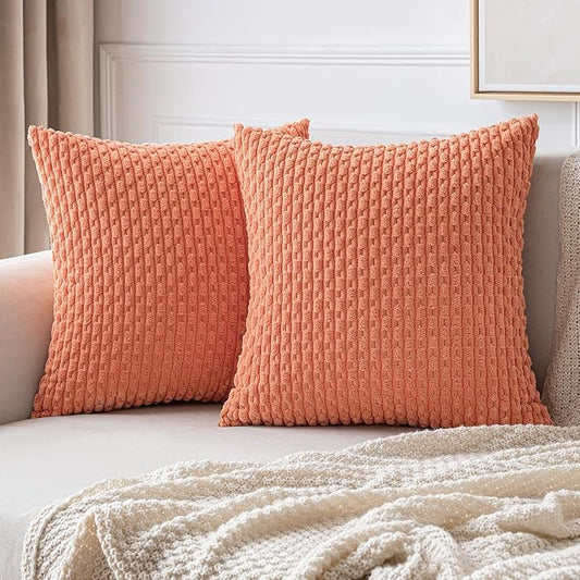 MIULEE Pack of 2 Decorative Throw Pillow Covers 16x16 Inch Soft Boho Striped Textured Corduroy Pillow Covers Modern Farmhouse Home Decor for Couch Bed Sofa Living Room Coral Red