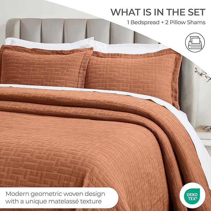 Superior 3 Piece Cotton Bedspread and Sham Set, Home Bed Decor, Decorative Bed Spread, 2 Pillow Shams, Medium Weight, Matelasse Coverlet, Bedding Essentials, Madrid Collection, Queen, Burnt Orange