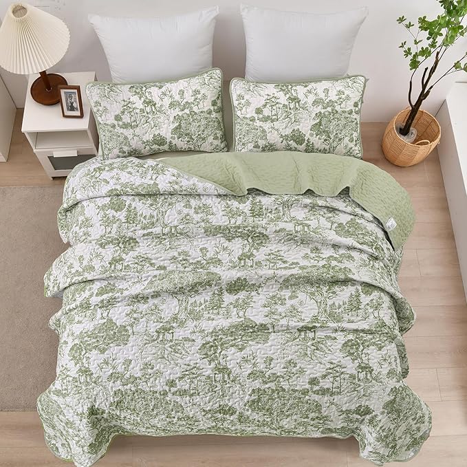 WONGS BEDDING Botanical Quilt Set Full Size, Sage Green 3 Pieces Toile Floral Plants Printed Bedspread Bedding Set Soft Lightweight Microfiber Coverlet Set for All Season (90"x78")