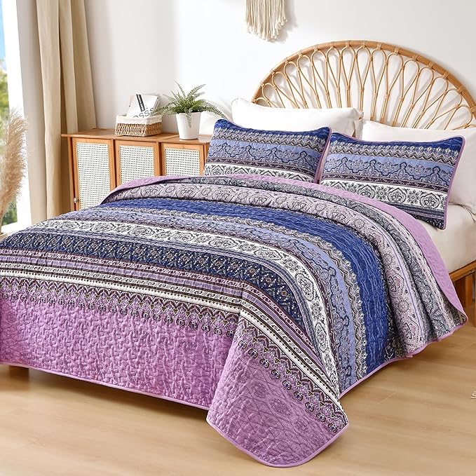 WONGS BEDDING Boho Queen Quilt Set, Purple Bohemian Quilt Bedding Set, Lightweight Bed Decor Bedspread for All Season Reversible Microfiber Coverlet Bedding Set 96"x90"(3 Pieces)