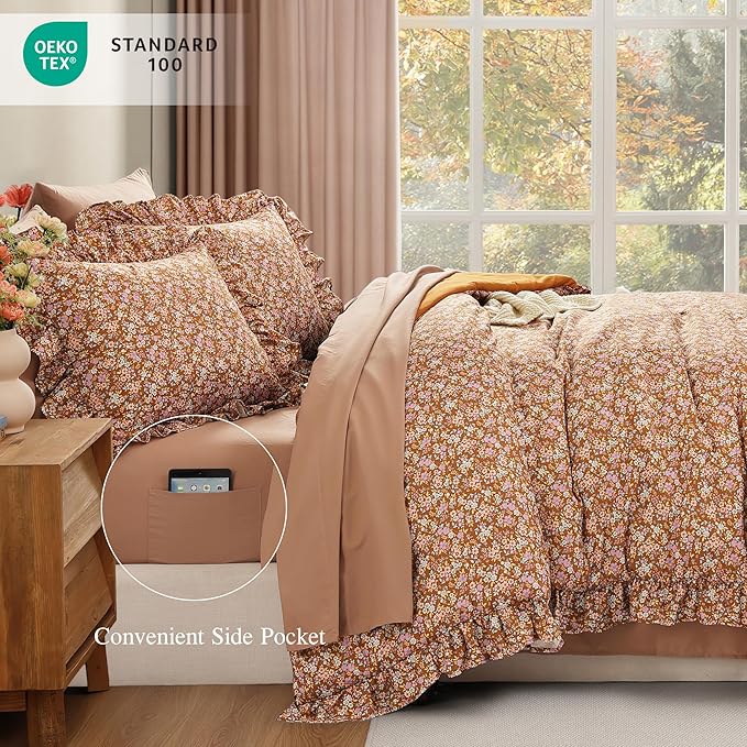 Queen Comforter Set - 7 Pieces Ruffle Brown Bedding Sets, Shabby Chic Farmhouse Bed in a Bag with Ruffle Comforter, Sheets, Pillowcases & Shams