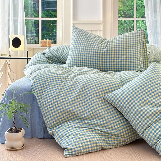 LifeTB Twin XL Comforter Set Blue Yellow Gingham Comforter for Men Boys Modern Plaid Grid Pattern Comforter Set Soft Lightweight Bedding Set Fluffy Boho Plaid Checkered Comforter with 2 Pillowcases